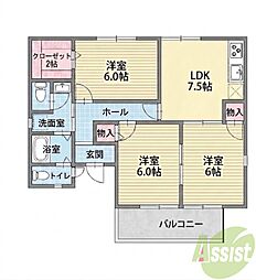 本町北パークハイム 3SLDKの間取図画像