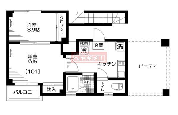 クレール東中野 101｜東京都中野区東中野３丁目(賃貸マンション2K・1階・28.16㎡)の写真 その2