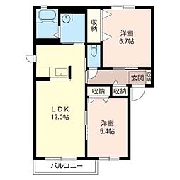 サンライズ白虎 2階2LDKの間取り