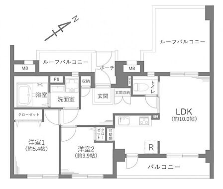 2LDK、専有面積48.09m2、南東向け、ルーフバルコニー付、最上階住戸、落ち着いた生活を実現する二重サッシ付き