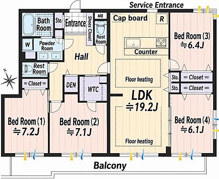4LDK+WTC、専有面積104.08m2、南向け、角部屋、専用使用権付きの平置き駐車場あり(無償)、専用使用権付きの屋上あり(無償)