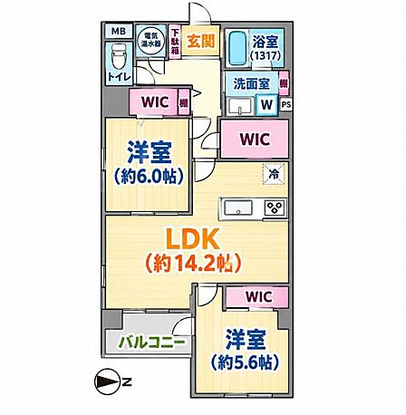 2LDK、専有面積64.64m2、東向け