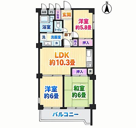 3LDK、専有面積62.10m2、南向け