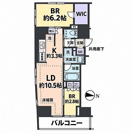 2LDK、専有面積53.47m2、東向け