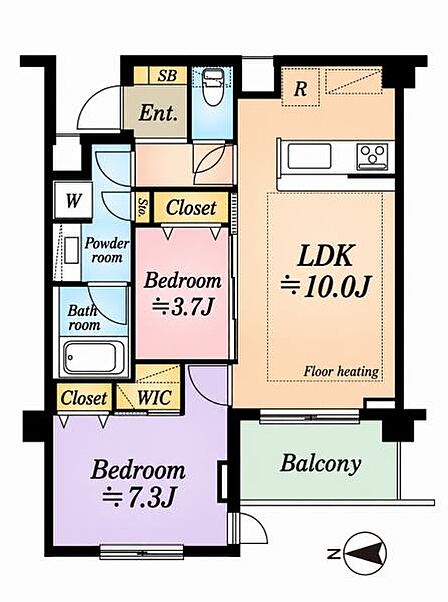 2LDK、専有面積53.46m2、西向け
