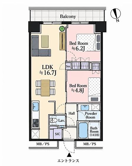 2LDK、専有面積59.29m2、南向け