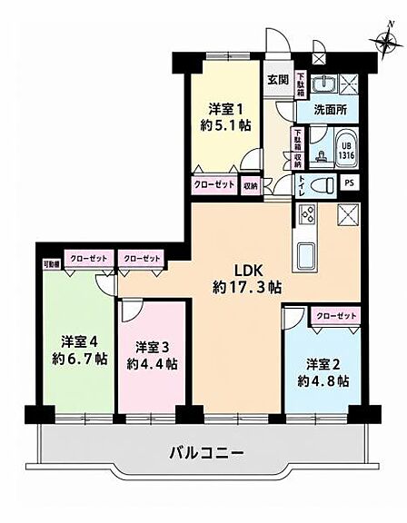4LDK、専有面積86.60m2、南東向け、バルコニー側には二重サッシを採用。