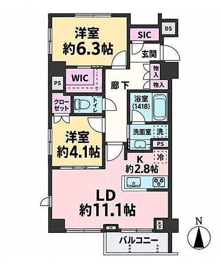 2LDK、専有面積61.06m2、南西向け、角部屋