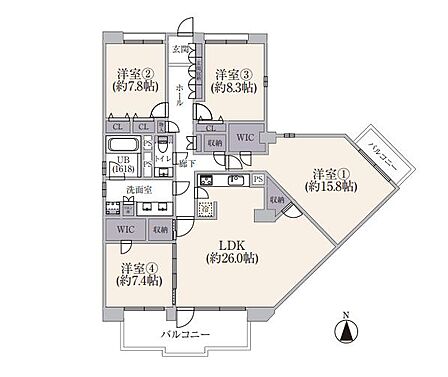 4LDK、専有面積151.33m2、南向け