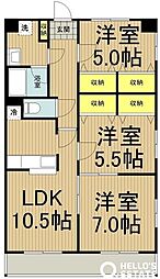 多摩都市モノレール 万願寺駅 徒歩9分の賃貸マンション 3階3LDKの間取り