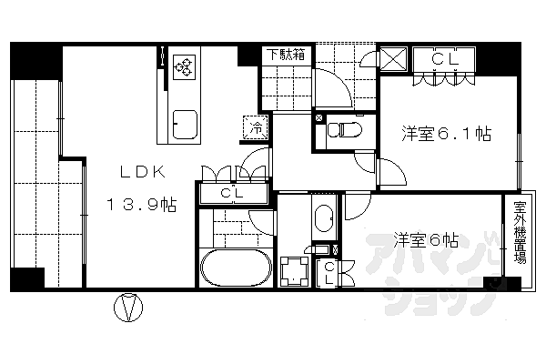 京都府京都市中京区裏寺町(賃貸マンション2LDK・7階・57.28㎡)の写真 その2