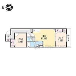 クリエオーレ天理 3階2LDKの間取り