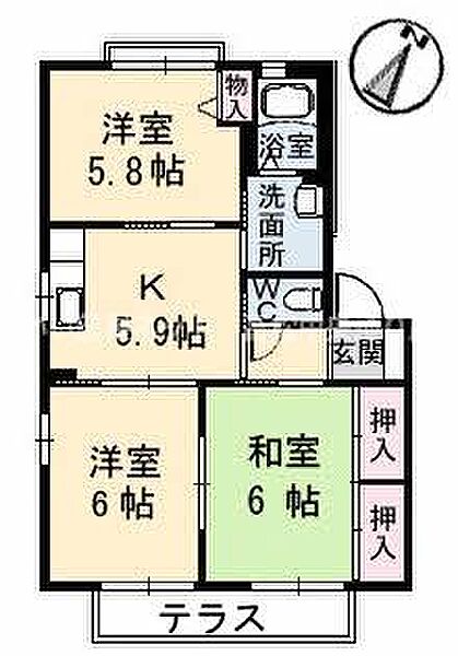 ウエストパーク B棟 102｜香川県丸亀市川西町南(賃貸アパート3K・1階・52.54㎡)の写真 その2