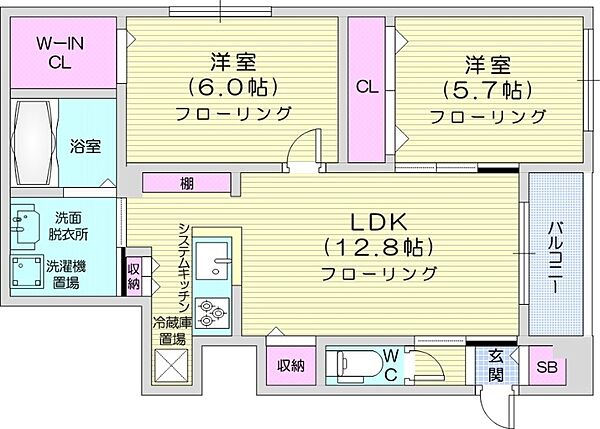 グランメール　KM ｜北海道札幌市中央区南十一条西23丁目(賃貸マンション2LDK・2階・60.40㎡)の写真 その2