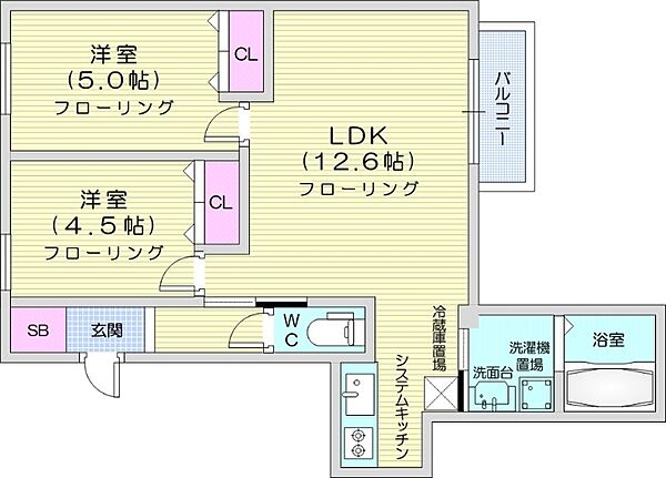 北海道札幌市東区本町一条1丁目(賃貸マンション2LDK・4階・52.86㎡)の写真 その2