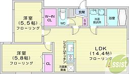 札幌市豊平区月寒東一条2丁目マンション 2LDKの間取図画像
