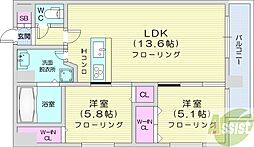 モデナ円山 2LDKの間取図画像