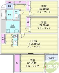 クラリス南9条 3LDKの間取図画像