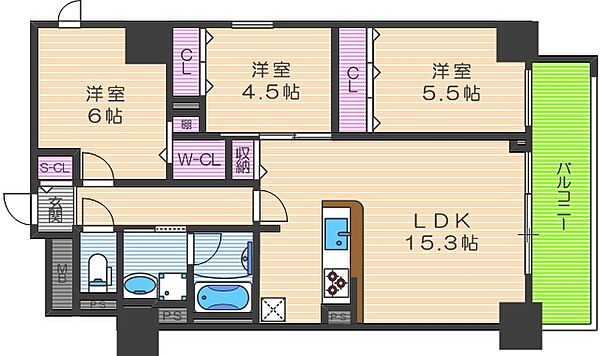 ル・マージュ新町 ｜大阪府大阪市西区新町1丁目(賃貸マンション3LDK・7階・70.57㎡)の写真 その2