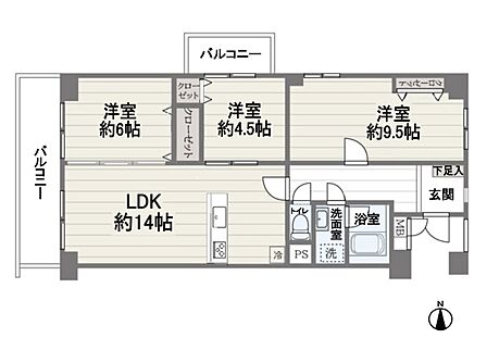 【間取り図】LDK14帖　3洋室　バルコニー2か所