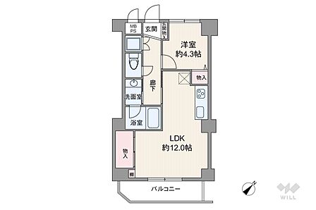 間取りは専有面積40.05平米の1LDK。玄関先から室内が見通せずプライバシーに配慮したプラン。キッチンはスペースを広く使える壁付けタイプ。リビングに収納が確保されているのもポイントです。