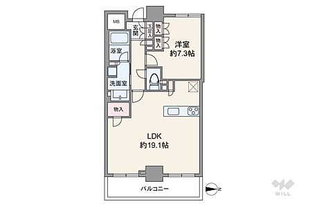 間取りは専有面積60.25平米の1LDK。LDK約19.1帖の横長リビングのプラン。バルコニー面積は9.15平米です。