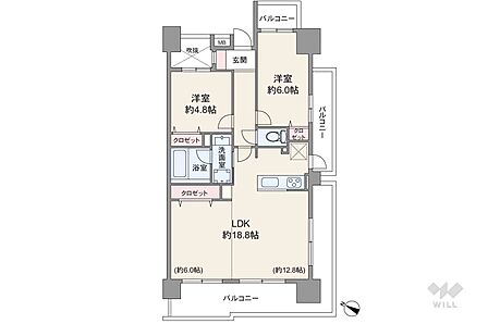 間取りは専有面積64.02平米の2LDK。LDK約18.8帖のプラン。複数方向に採光部があり、バルコニー面積は22.48平米です。