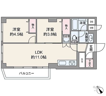 間取りは専有面積51.84平米の2LDK。LDK約11.0帖の縦長リビングのプラン。バルコニー面積は4.85平米です。