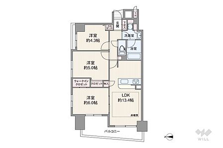 間取りは専有面積65.73平米の3LDK。バルコニー面積は9.2平米です。