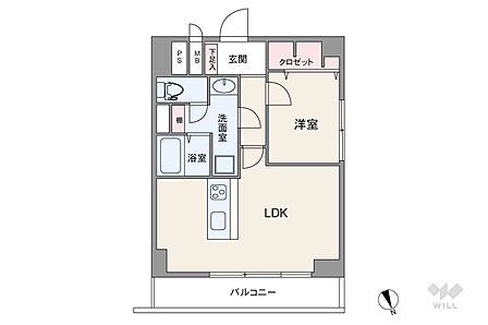間取りは専有面積34.56平米の1LDK。北西の角部屋で、日当たり良好です。