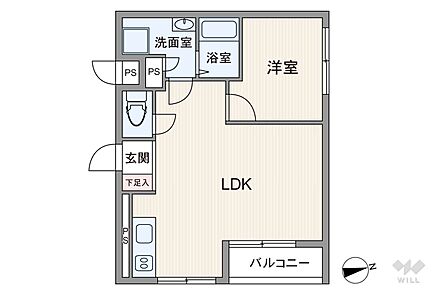 間取りは専有面積38.88平米の1LDK。バルコニー面積は3平米です。