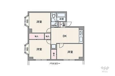 間取り:間取りは専有面積52.43平米の3DK。複数方向に採光部があり、バルコニー面積は6.48平米です。 間取り:間取りは専有面積52.43平米の3DK。複数方向に採光部があり、バルコニー面積は6.48平米です。