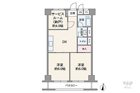 間取りは専有面積47.52平米の2SDK。バルコニー面積は5.4平米です。