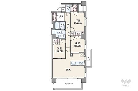 間取りは専有面積73.95平米の3LDK。LDK約12.2帖のプラン。バルコニー面積は10.16平米です。
