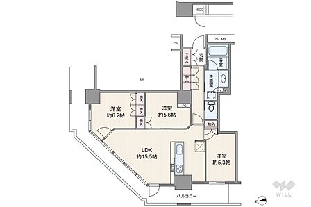 間取り図。71.49平米の3LDKタイプ。北東角部屋で、陽当たりと開放感に優れたお住まいです。