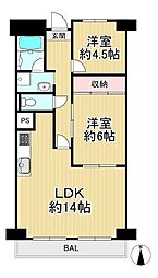 枚方ハイツ8号棟 2LDKの間取図画像