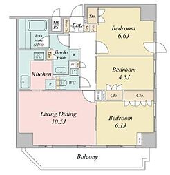 東京メトロ東西線 茅場町駅 徒歩4分の賃貸マンション 6階3LDKの間取り