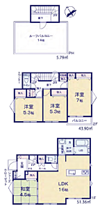 間取り：4号棟の間取りです。床下収納があるので、ストックや災害備蓄用品などの収納にも便利です。