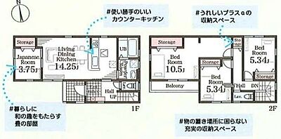 間取り：広々リビングと4つの個室。プライベートな空間と家族団らんの空間をセパレート。集中もリラックスもできる住空間で充実した暮らしをお届けします。