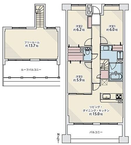 最上階メゾネットの3LDK+約13帖のフリールーム。ルーフバルコニーに面した開放感ある住空間です。