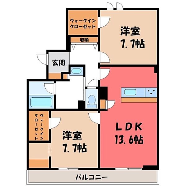 栃木県宇都宮市峰2丁目(賃貸マンション2LDK・3階・72.37㎡)の写真 その2