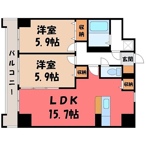 栃木県宇都宮市御蔵町(賃貸マンション2LDK・4階・63.50㎡)の写真 その2