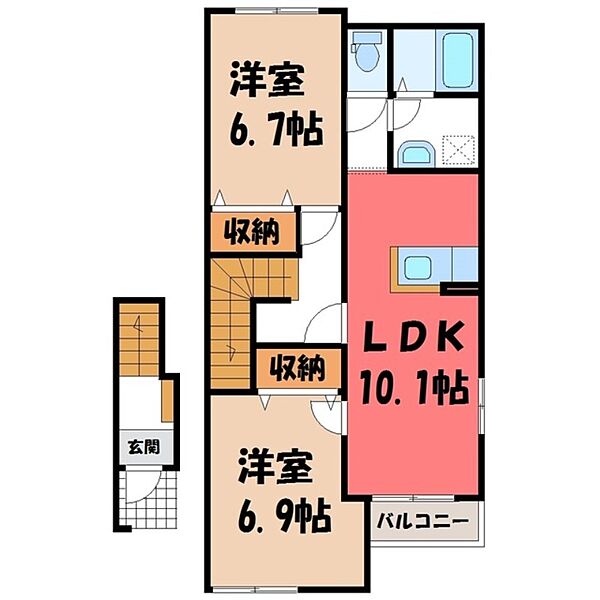 栃木県宇都宮市中里町(賃貸アパート2LDK・2階・59.95㎡)の写真 その2