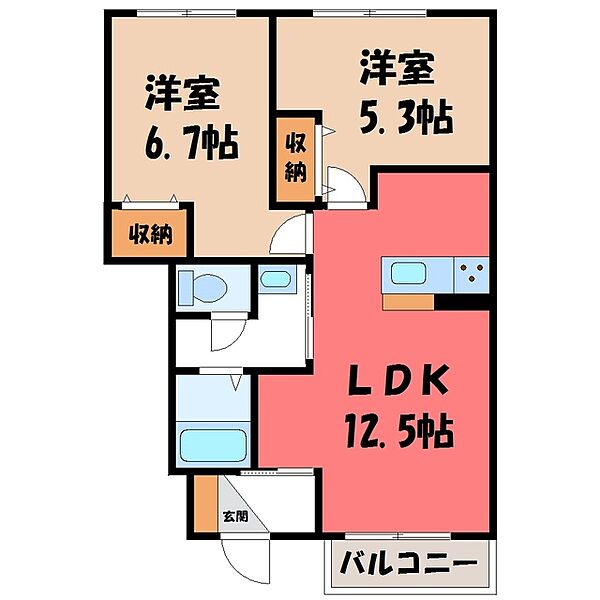 栃木県宇都宮市西原町(賃貸アパート2LDK・1階・53.61㎡)の写真 その2