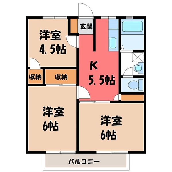 栃木県宇都宮市大寛1丁目(賃貸アパート3K・2階・47.54㎡)の写真 その2