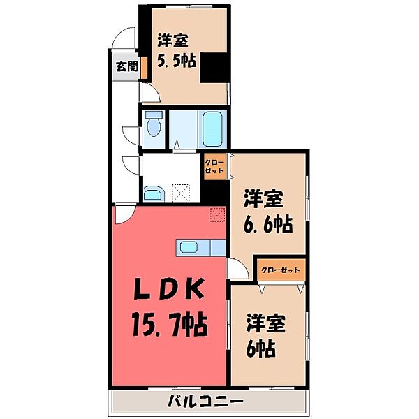 栃木県宇都宮市中今泉5丁目(賃貸マンション3LDK・1階・71.66㎡)の写真 その2