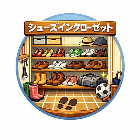 玄関横のウォークインクローゼットは、靴だけでなく季節小物や趣味のアイテムもまとめて収納できる大容量。扉付きで生活感をしっかり隠し、玄関全体に清潔感と洗練された印象を与えます。