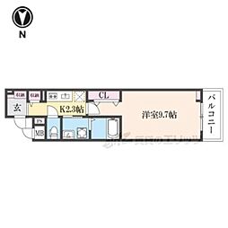 ヒカルサ奈良大森西サウス 3階1Kの間取り