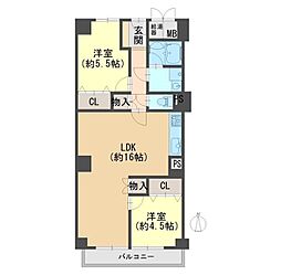 関大前スカイハイツA棟 2LDKの間取図画像