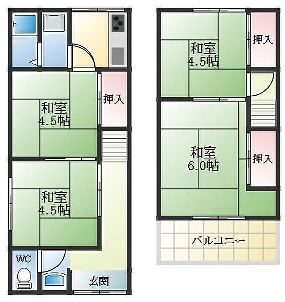 羽曳野市野戸建て ｜大阪府羽曳野市野(賃貸一戸建4DK・1階・50.00㎡)の写真 その2